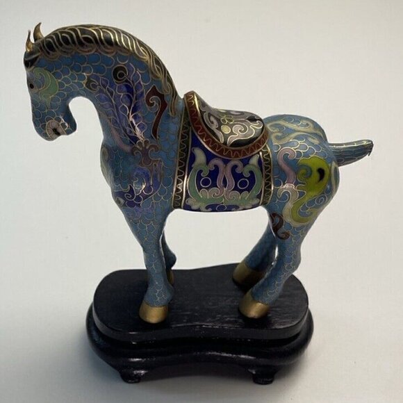 Vintage 20th Century Blue Enamel & Brass Cloisonné Horses Figurine 5" Home Art - Picture 3 of 16